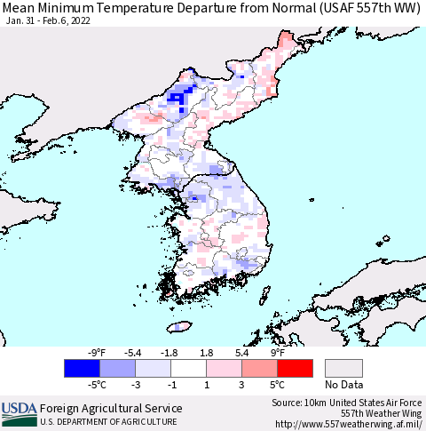 Korea Mean Minimum Temperature Departure from Normal (USAF 557th WW) Thematic Map For 1/31/2022 - 2/6/2022