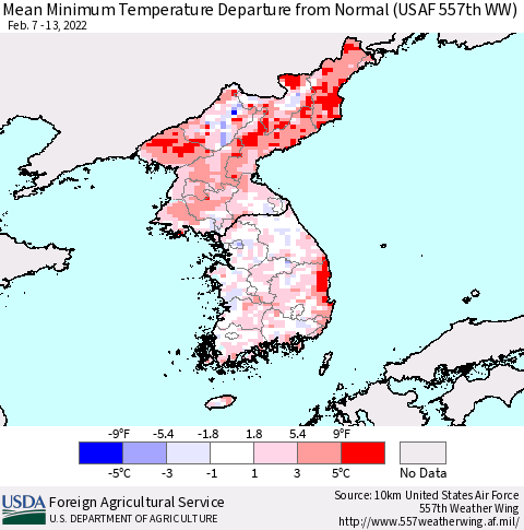 Korea Mean Minimum Temperature Departure from Normal (USAF 557th WW) Thematic Map For 2/7/2022 - 2/13/2022