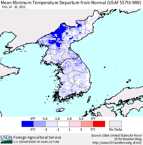 Korea Mean Minimum Temperature Departure from Normal (USAF 557th WW) Thematic Map For 2/14/2022 - 2/20/2022