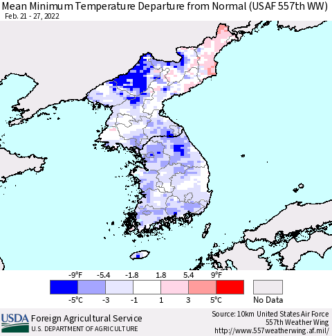 Korea Mean Minimum Temperature Departure from Normal (USAF 557th WW) Thematic Map For 2/21/2022 - 2/27/2022