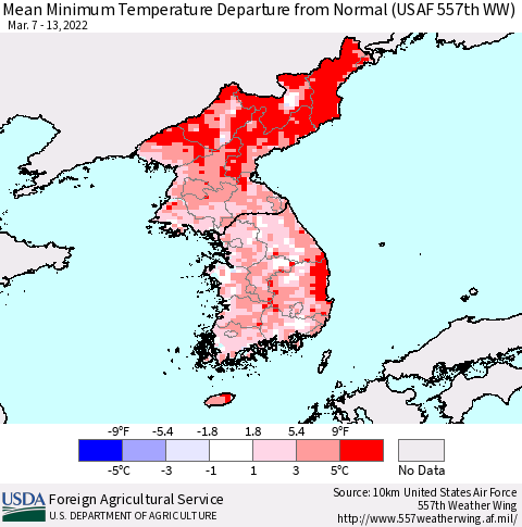 Korea Mean Minimum Temperature Departure from Normal (USAF 557th WW) Thematic Map For 3/7/2022 - 3/13/2022