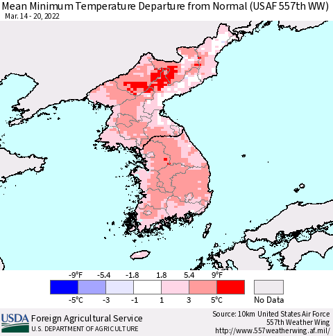 Korea Mean Minimum Temperature Departure from Normal (USAF 557th WW) Thematic Map For 3/14/2022 - 3/20/2022