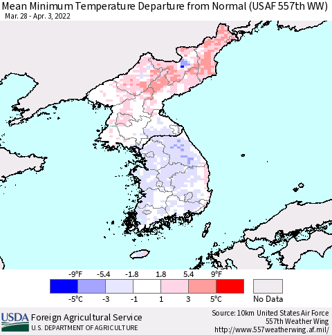 Korea Mean Minimum Temperature Departure from Normal (USAF 557th WW) Thematic Map For 3/28/2022 - 4/3/2022