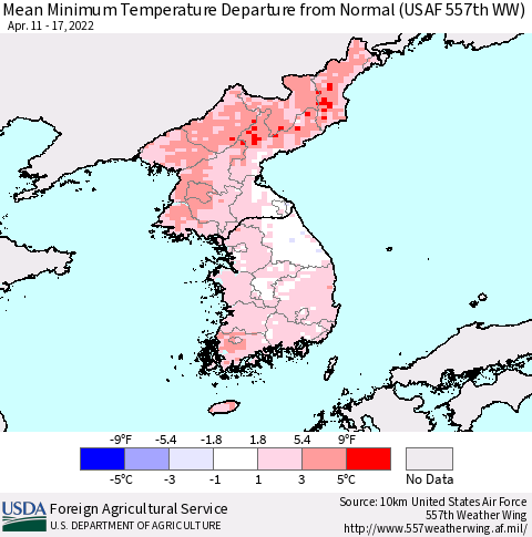 Korea Mean Minimum Temperature Departure from Normal (USAF 557th WW) Thematic Map For 4/11/2022 - 4/17/2022