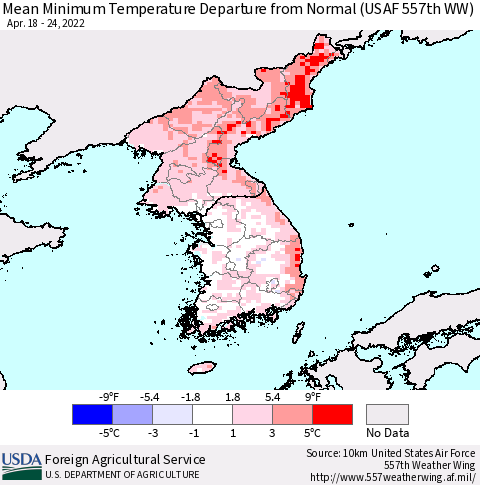 Korea Minimum Temperature Departure From Normal (USAF 557th WW) Thematic Map For 4/18/2022 - 4/24/2022