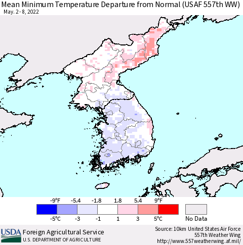 Korea Mean Minimum Temperature Departure from Normal (USAF 557th WW) Thematic Map For 5/2/2022 - 5/8/2022
