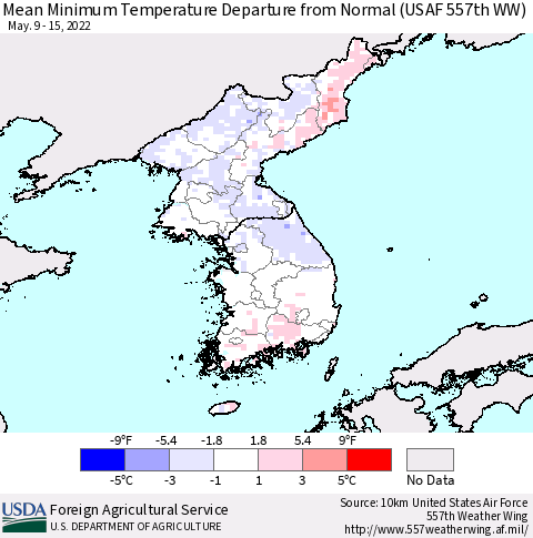 Korea Mean Minimum Temperature Departure from Normal (USAF 557th WW) Thematic Map For 5/9/2022 - 5/15/2022