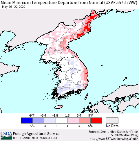 Korea Mean Minimum Temperature Departure from Normal (USAF 557th WW) Thematic Map For 5/16/2022 - 5/22/2022