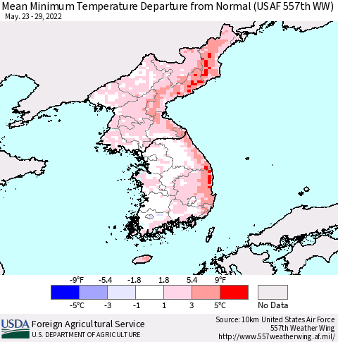 Korea Minimum Temperature Departure From Normal (USAF 557th WW) Thematic Map For 5/23/2022 - 5/29/2022
