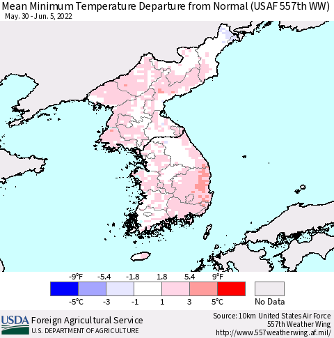 Korea Mean Minimum Temperature Departure from Normal (USAF 557th WW) Thematic Map For 5/30/2022 - 6/5/2022
