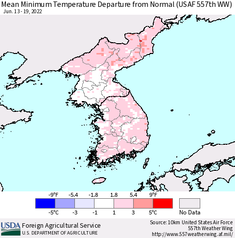 Korea Mean Minimum Temperature Departure from Normal (USAF 557th WW) Thematic Map For 6/13/2022 - 6/19/2022