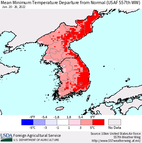 Korea Minimum Temperature Departure From Normal (USAF 557th WW) Thematic Map For 6/20/2022 - 6/26/2022