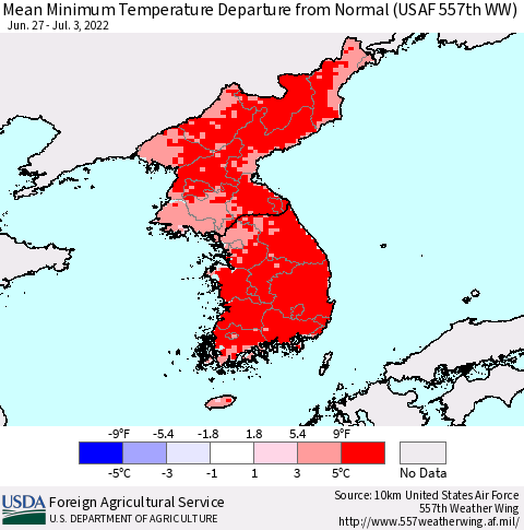 Korea Mean Minimum Temperature Departure from Normal (USAF 557th WW) Thematic Map For 6/27/2022 - 7/3/2022