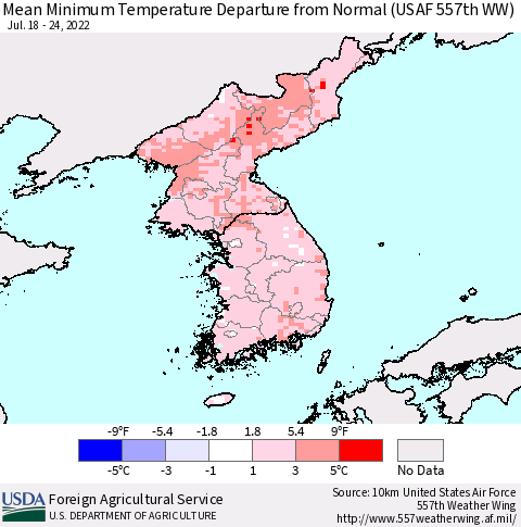 Korea Mean Minimum Temperature Departure from Normal (USAF 557th WW) Thematic Map For 7/18/2022 - 7/24/2022
