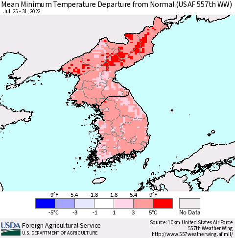 Korea Mean Minimum Temperature Departure from Normal (USAF 557th WW) Thematic Map For 7/25/2022 - 7/31/2022