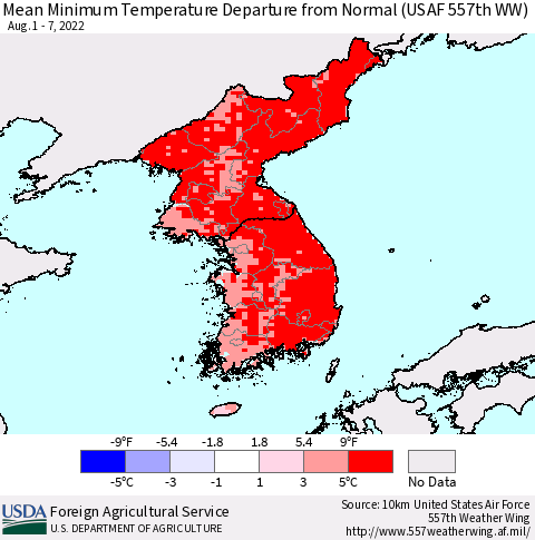 Korea Minimum Temperature Departure From Normal (USAF 557th WW) Thematic Map For 8/1/2022 - 8/7/2022
