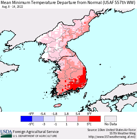 Korea Mean Minimum Temperature Departure from Normal (USAF 557th WW) Thematic Map For 8/8/2022 - 8/14/2022