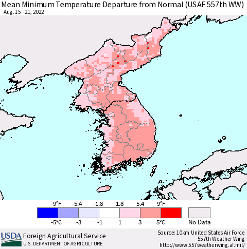 Korea Mean Minimum Temperature Departure from Normal (USAF 557th WW) Thematic Map For 8/15/2022 - 8/21/2022