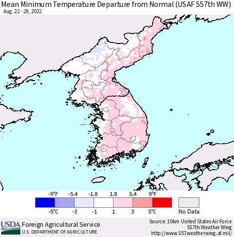 Korea Minimum Temperature Departure From Normal (USAF 557th WW) Thematic Map For 8/22/2022 - 8/28/2022