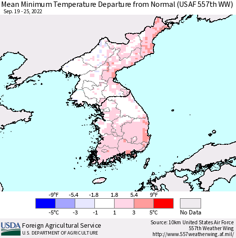 Korea Mean Minimum Temperature Departure from Normal (USAF 557th WW) Thematic Map For 9/19/2022 - 9/25/2022