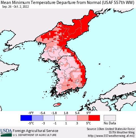 Korea Mean Minimum Temperature Departure from Normal (USAF 557th WW) Thematic Map For 9/26/2022 - 10/2/2022