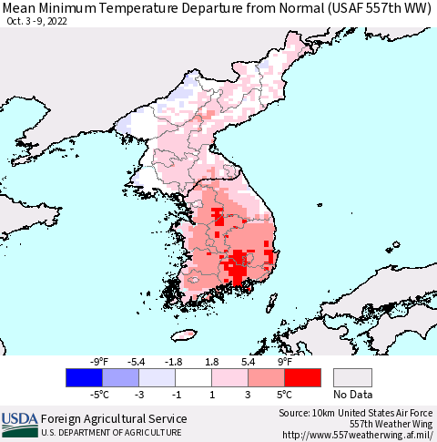 Korea Mean Minimum Temperature Departure from Normal (USAF 557th WW) Thematic Map For 10/3/2022 - 10/9/2022