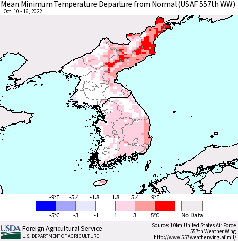 Korea Mean Minimum Temperature Departure from Normal (USAF 557th WW) Thematic Map For 10/10/2022 - 10/16/2022