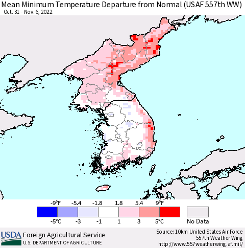 Korea Mean Minimum Temperature Departure from Normal (USAF 557th WW) Thematic Map For 10/31/2022 - 11/6/2022
