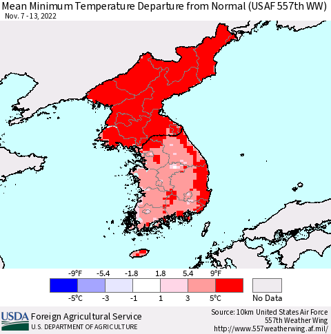 Korea Mean Minimum Temperature Departure from Normal (USAF 557th WW) Thematic Map For 11/7/2022 - 11/13/2022