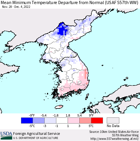 Korea Mean Minimum Temperature Departure from Normal (USAF 557th WW) Thematic Map For 11/28/2022 - 12/4/2022