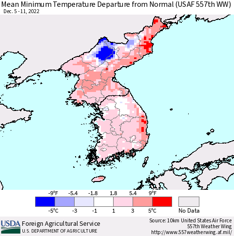 Korea Mean Minimum Temperature Departure from Normal (USAF 557th WW) Thematic Map For 12/5/2022 - 12/11/2022