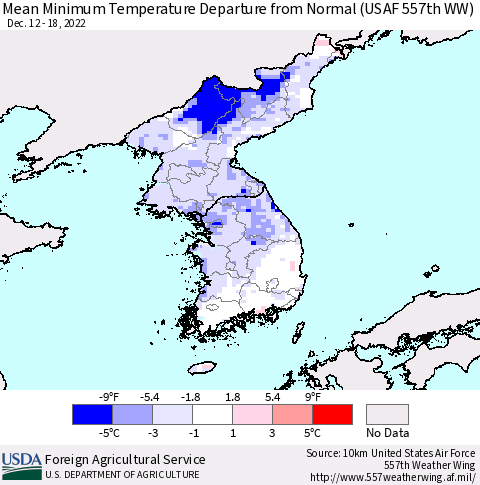 Korea Mean Minimum Temperature Departure from Normal (USAF 557th WW) Thematic Map For 12/12/2022 - 12/18/2022