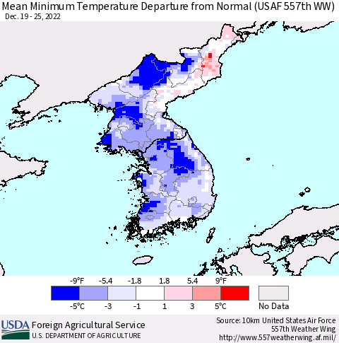 Korea Mean Minimum Temperature Departure from Normal (USAF 557th WW) Thematic Map For 12/19/2022 - 12/25/2022