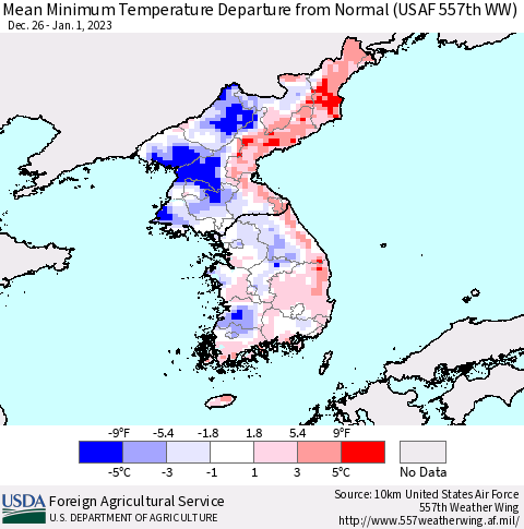 Korea Mean Minimum Temperature Departure from Normal (USAF 557th WW) Thematic Map For 12/26/2022 - 1/1/2023