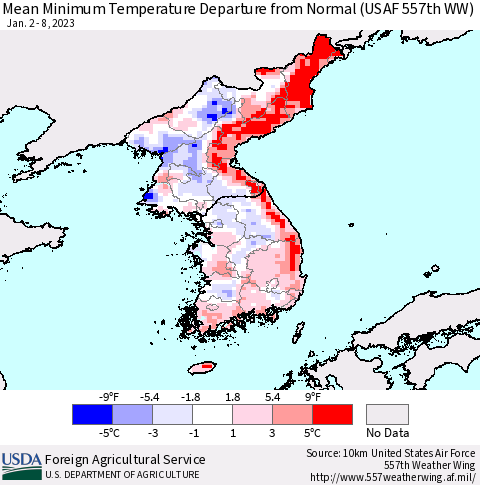 Korea Mean Minimum Temperature Departure from Normal (USAF 557th WW) Thematic Map For 1/2/2023 - 1/8/2023
