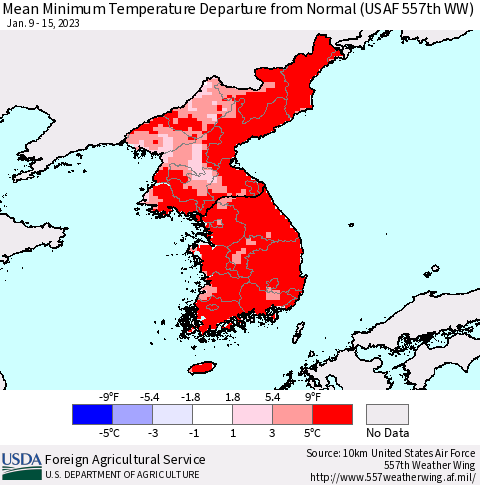 Korea Mean Minimum Temperature Departure from Normal (USAF 557th WW) Thematic Map For 1/9/2023 - 1/15/2023