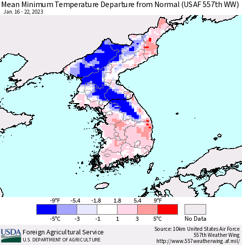 Korea Mean Minimum Temperature Departure from Normal (USAF 557th WW) Thematic Map For 1/16/2023 - 1/22/2023