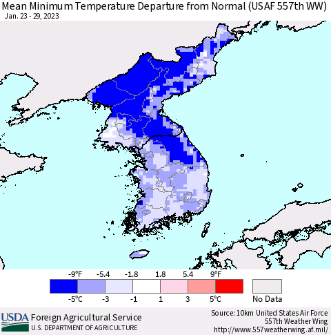 Korea Mean Minimum Temperature Departure from Normal (USAF 557th WW) Thematic Map For 1/23/2023 - 1/29/2023