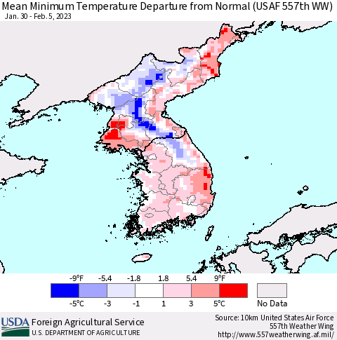 Korea Mean Minimum Temperature Departure from Normal (USAF 557th WW) Thematic Map For 1/30/2023 - 2/5/2023