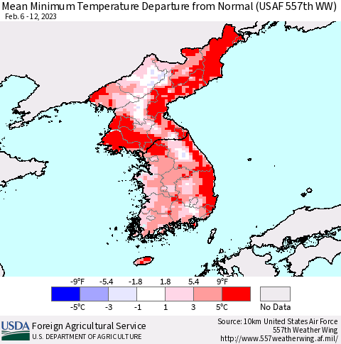 Korea Mean Minimum Temperature Departure from Normal (USAF 557th WW) Thematic Map For 2/6/2023 - 2/12/2023