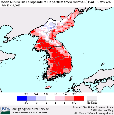 Korea Mean Minimum Temperature Departure from Normal (USAF 557th WW) Thematic Map For 2/13/2023 - 2/19/2023