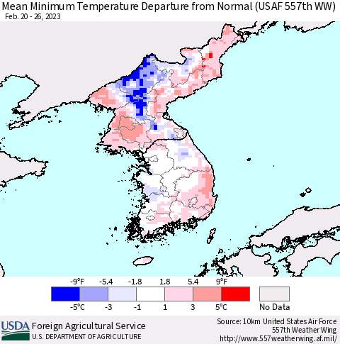 Korea Mean Minimum Temperature Departure from Normal (USAF 557th WW) Thematic Map For 2/20/2023 - 2/26/2023