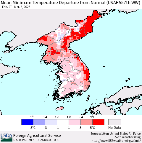 Korea Mean Minimum Temperature Departure from Normal (USAF 557th WW) Thematic Map For 2/27/2023 - 3/5/2023
