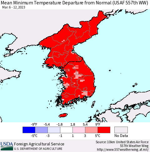 Korea Mean Minimum Temperature Departure from Normal (USAF 557th WW) Thematic Map For 3/6/2023 - 3/12/2023
