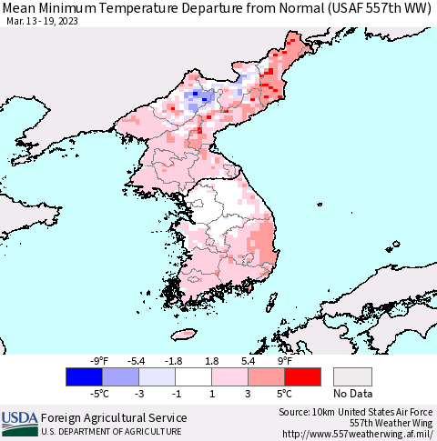 Korea Mean Minimum Temperature Departure from Normal (USAF 557th WW) Thematic Map For 3/13/2023 - 3/19/2023