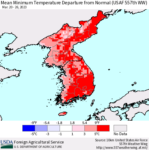 Korea Mean Minimum Temperature Departure from Normal (USAF 557th WW) Thematic Map For 3/20/2023 - 3/26/2023