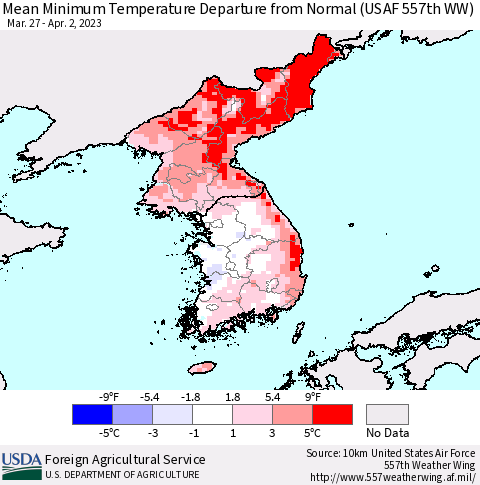 Korea Mean Minimum Temperature Departure from Normal (USAF 557th WW) Thematic Map For 3/27/2023 - 4/2/2023