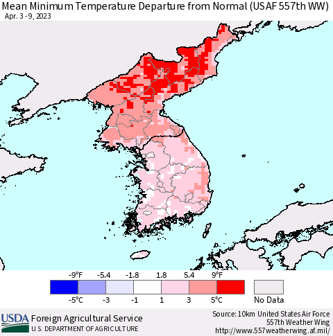 Korea Mean Minimum Temperature Departure from Normal (USAF 557th WW) Thematic Map For 4/3/2023 - 4/9/2023