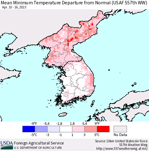 Korea Mean Minimum Temperature Departure from Normal (USAF 557th WW) Thematic Map For 4/10/2023 - 4/16/2023