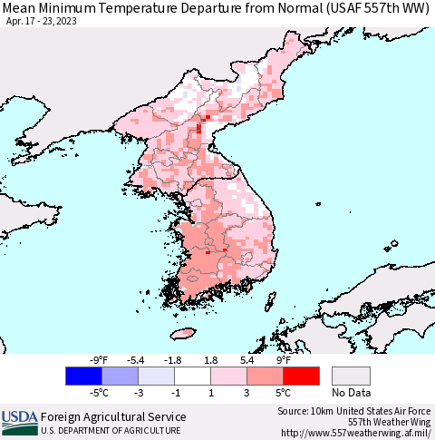 Korea Mean Minimum Temperature Departure from Normal (USAF 557th WW) Thematic Map For 4/17/2023 - 4/23/2023